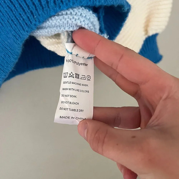 Womens Blue Ivory Knit Sweater Small Balloon Long Sleeve Mock Neck Colorblock - Picture 5 of 7